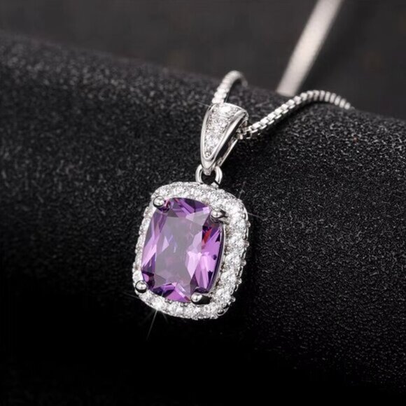 NEW 925 Sterling Silver Amethyst Diamond Necklace - Picture 2 of 5